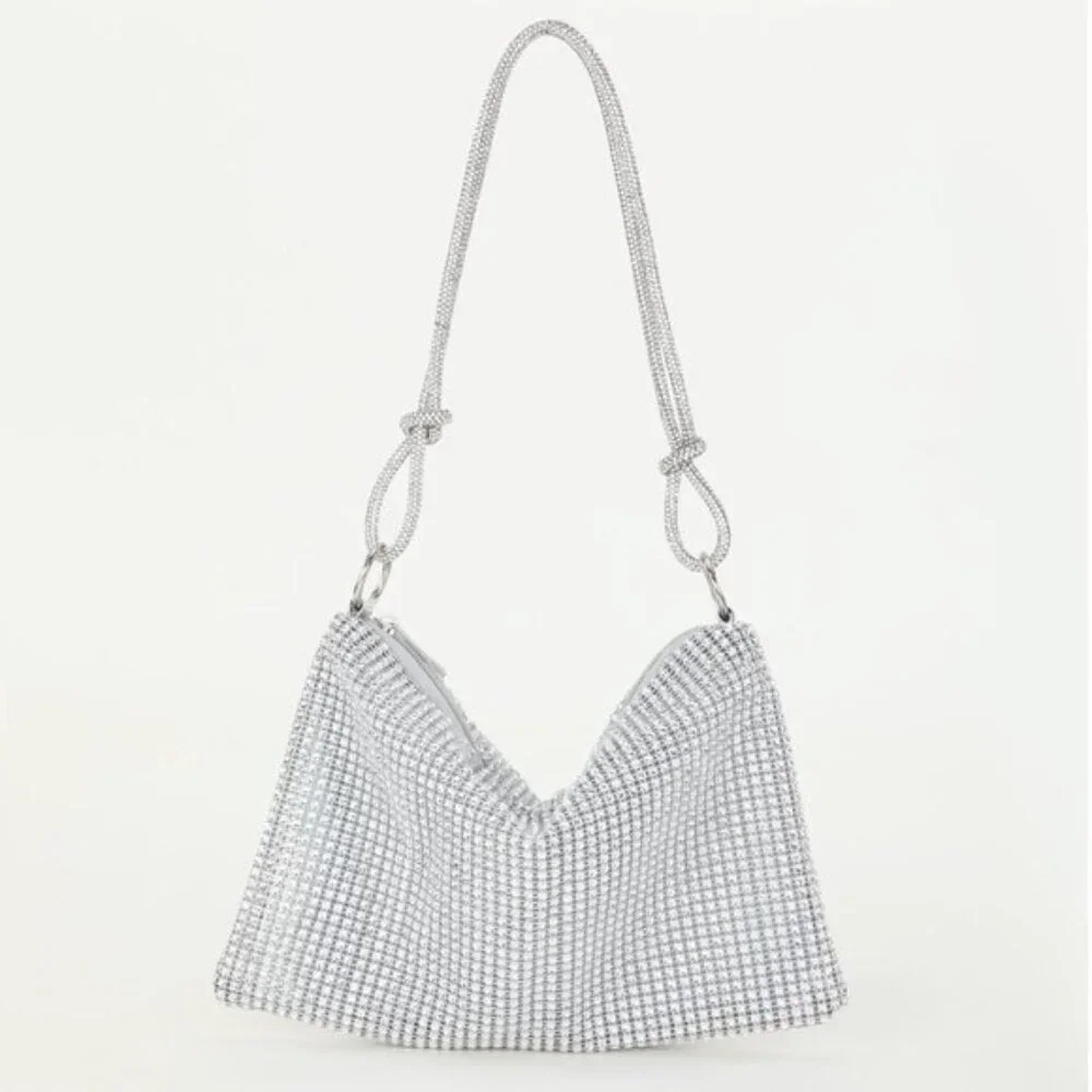 Rhinestone Bag With Zipper Silver
